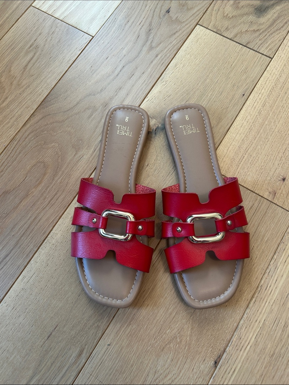 Time and Tru Red Slide Sandals with Gold Buckle